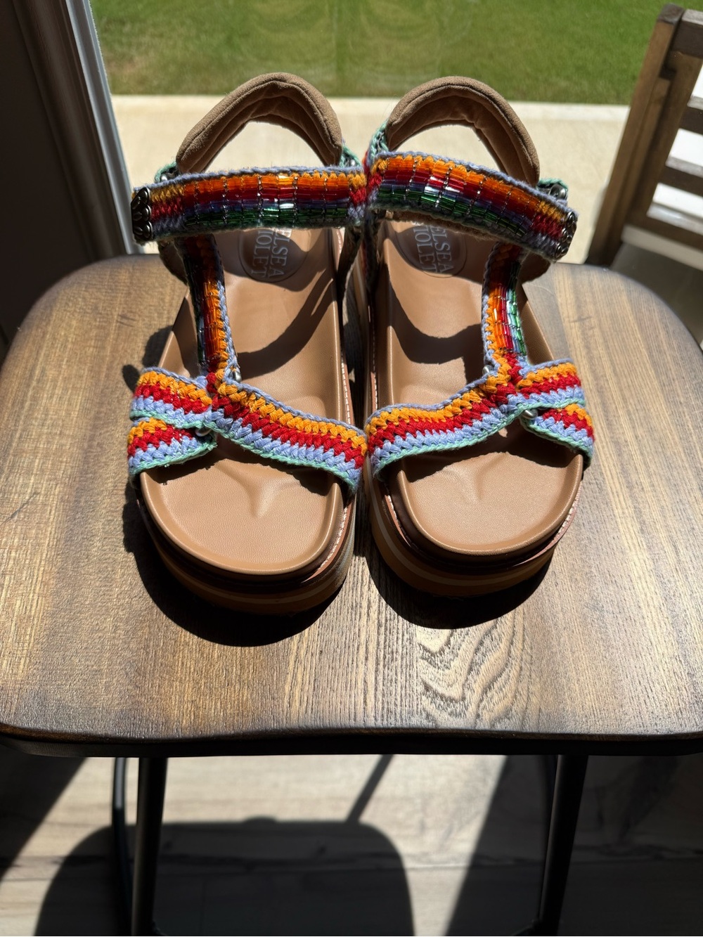 Chelsea & Violet Rainbow Crochet Strap Platform Sandals in Tan